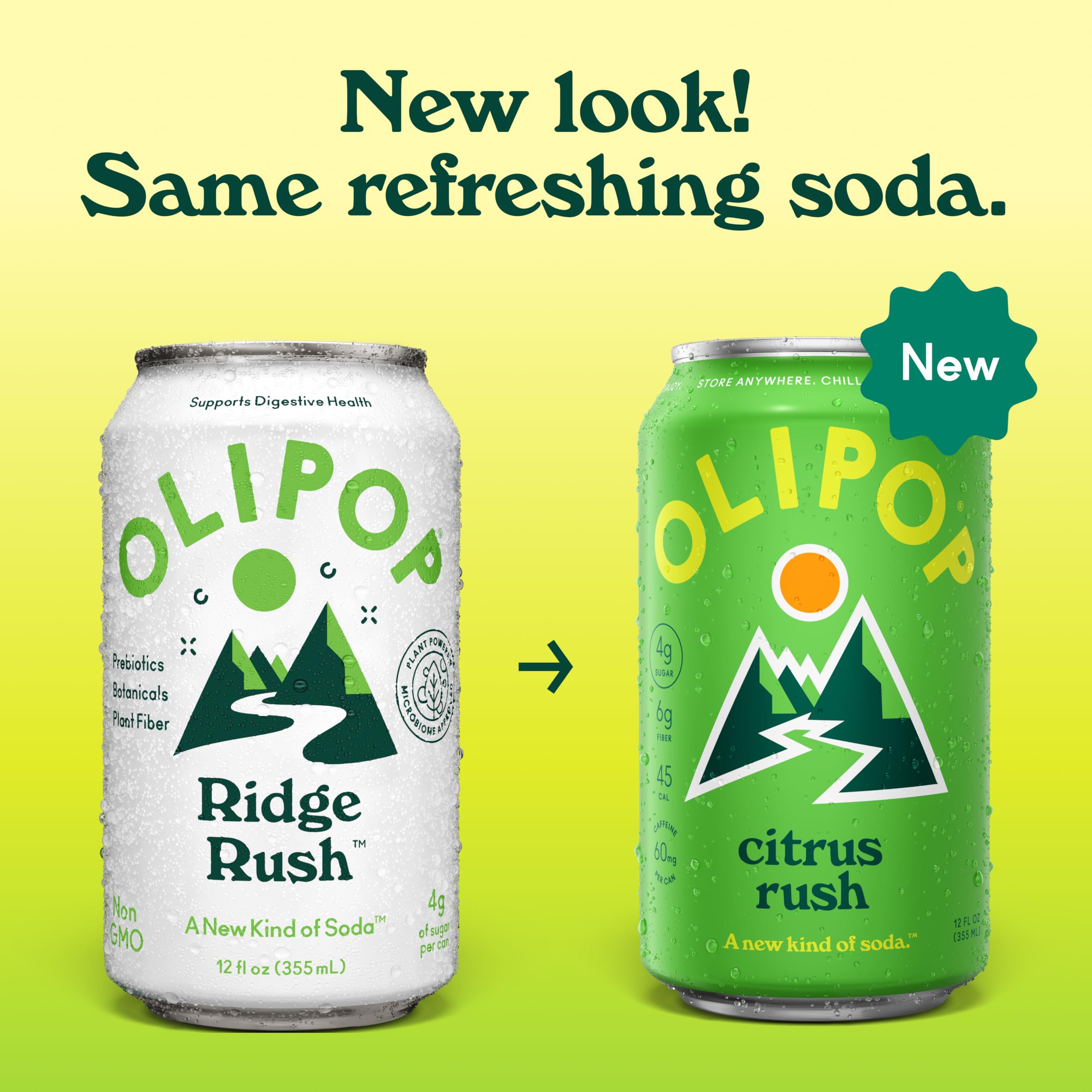 OLIPOP side label close-up highlighting ingredients and low sugar benefit