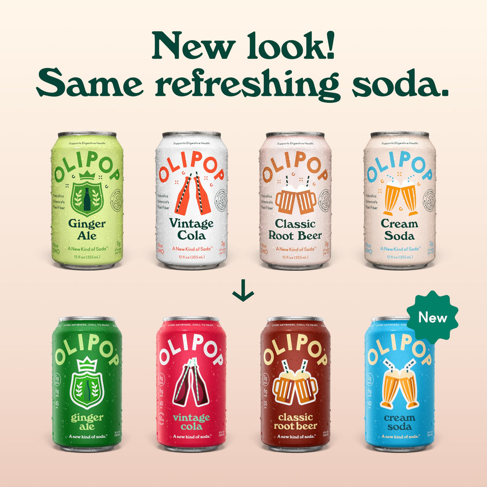 OLIPOP Cream Soda pouring into glass with bubbles, refreshing flavor and reduced sugar benefit