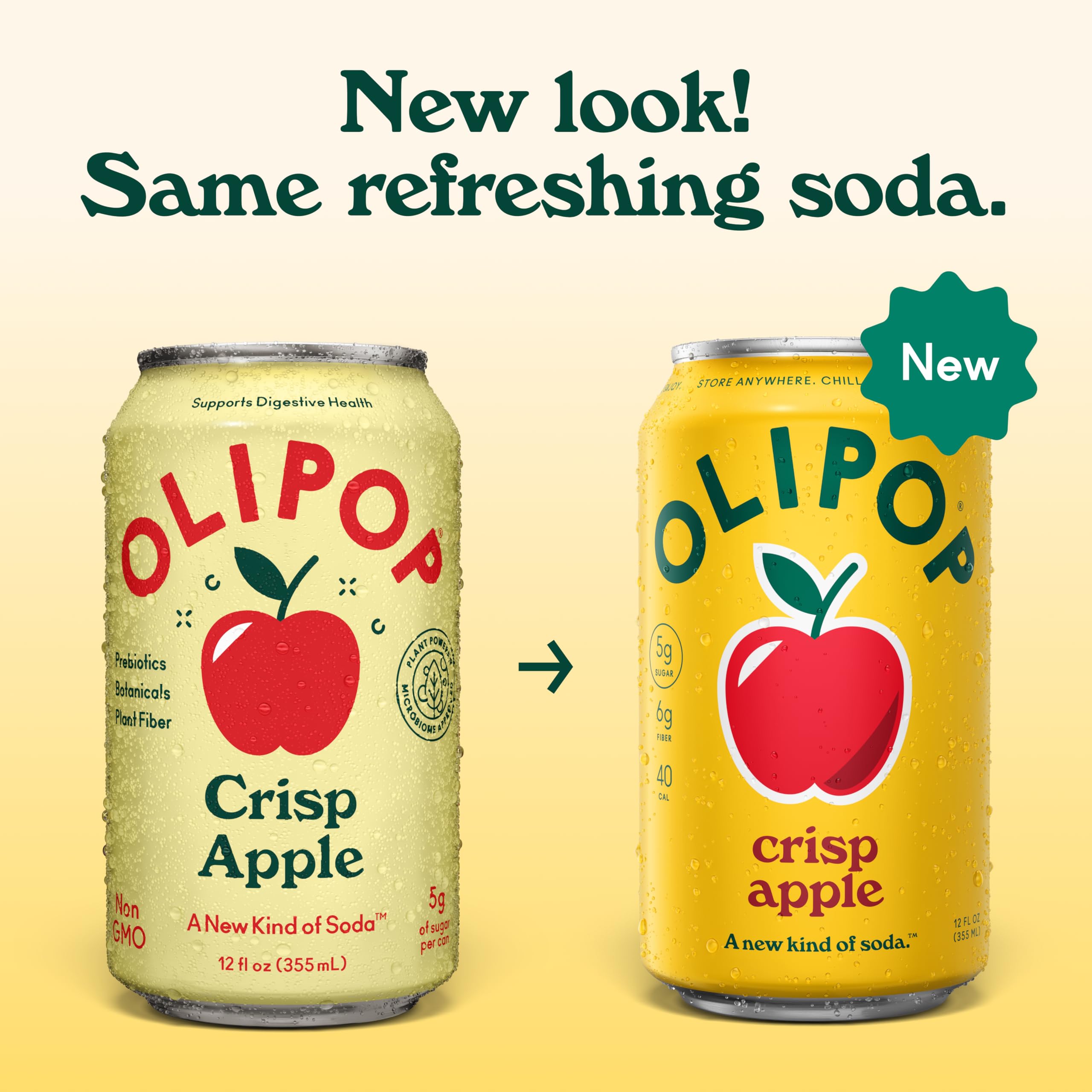 OLIPOP crisp apple close-up label highlighting fiber and low sugar benefit