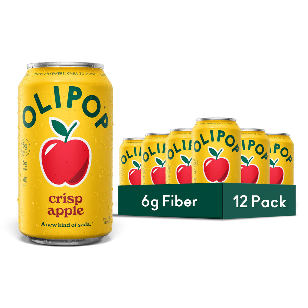 OLIPOP crisp apple front packaging shows vibrant cans and clear benefit