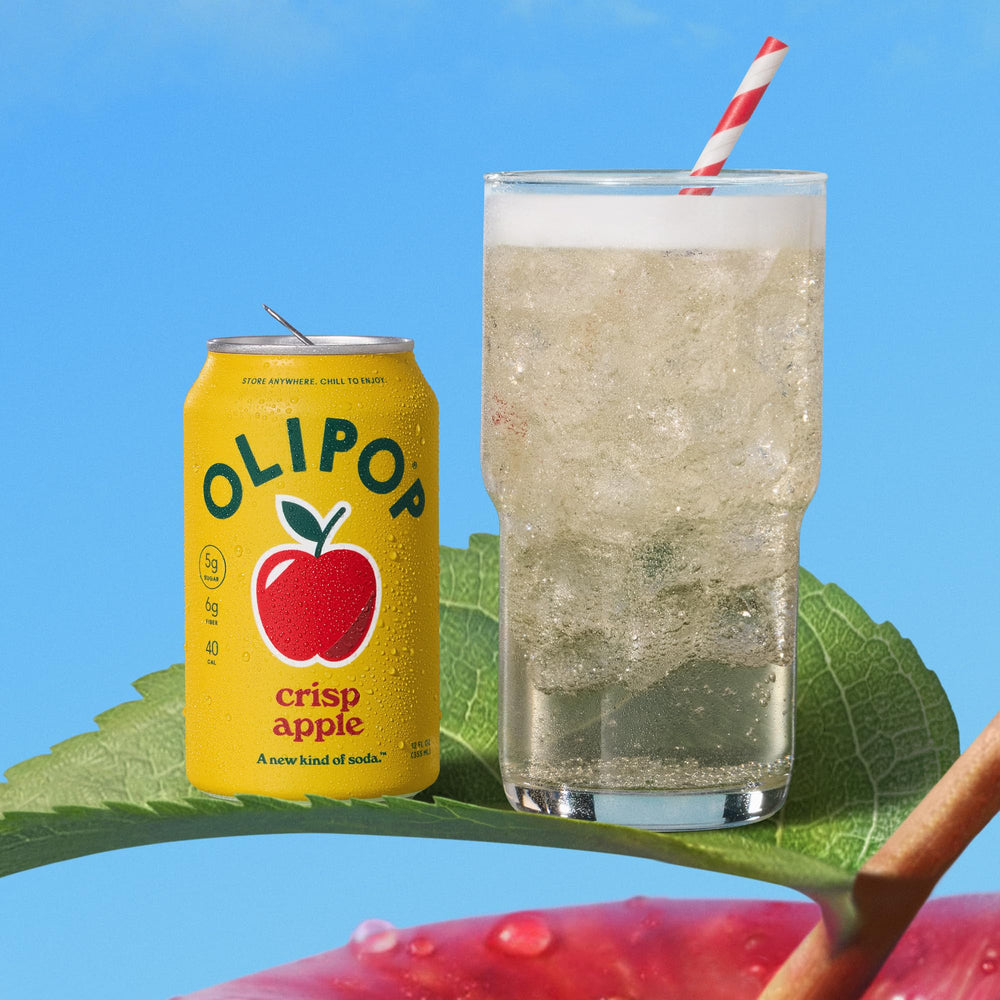 OLIPOP crisp apple ingredients flatlay showing plant fiber and botanical benefits