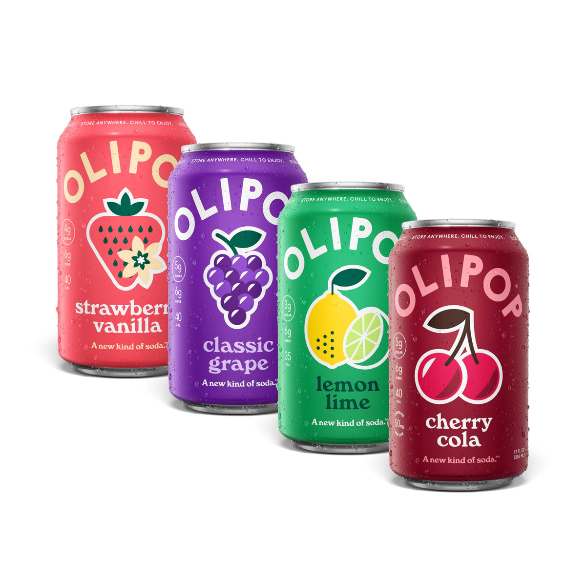 OLIPOP Fruity Fun front pack showing four flavor cans and clear labeling benefit