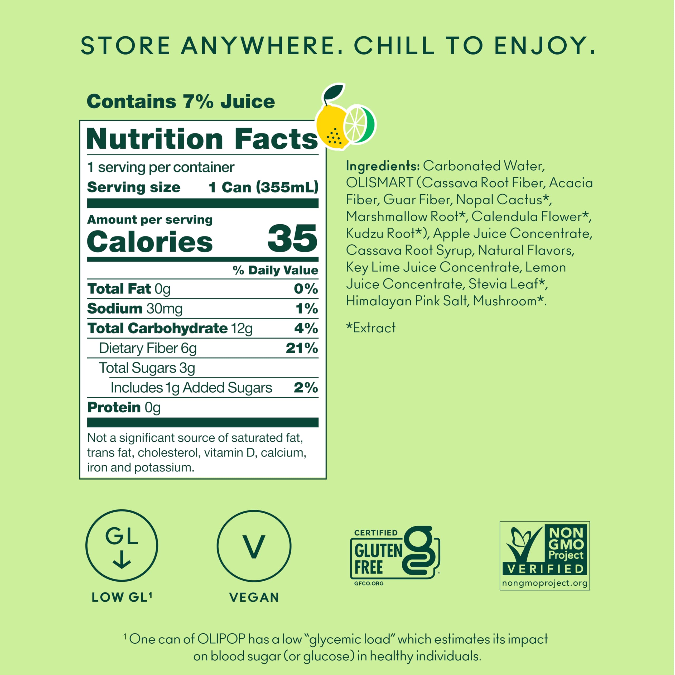 OLIPOP can close-up highlighting texture and clear ingredient listing benefits