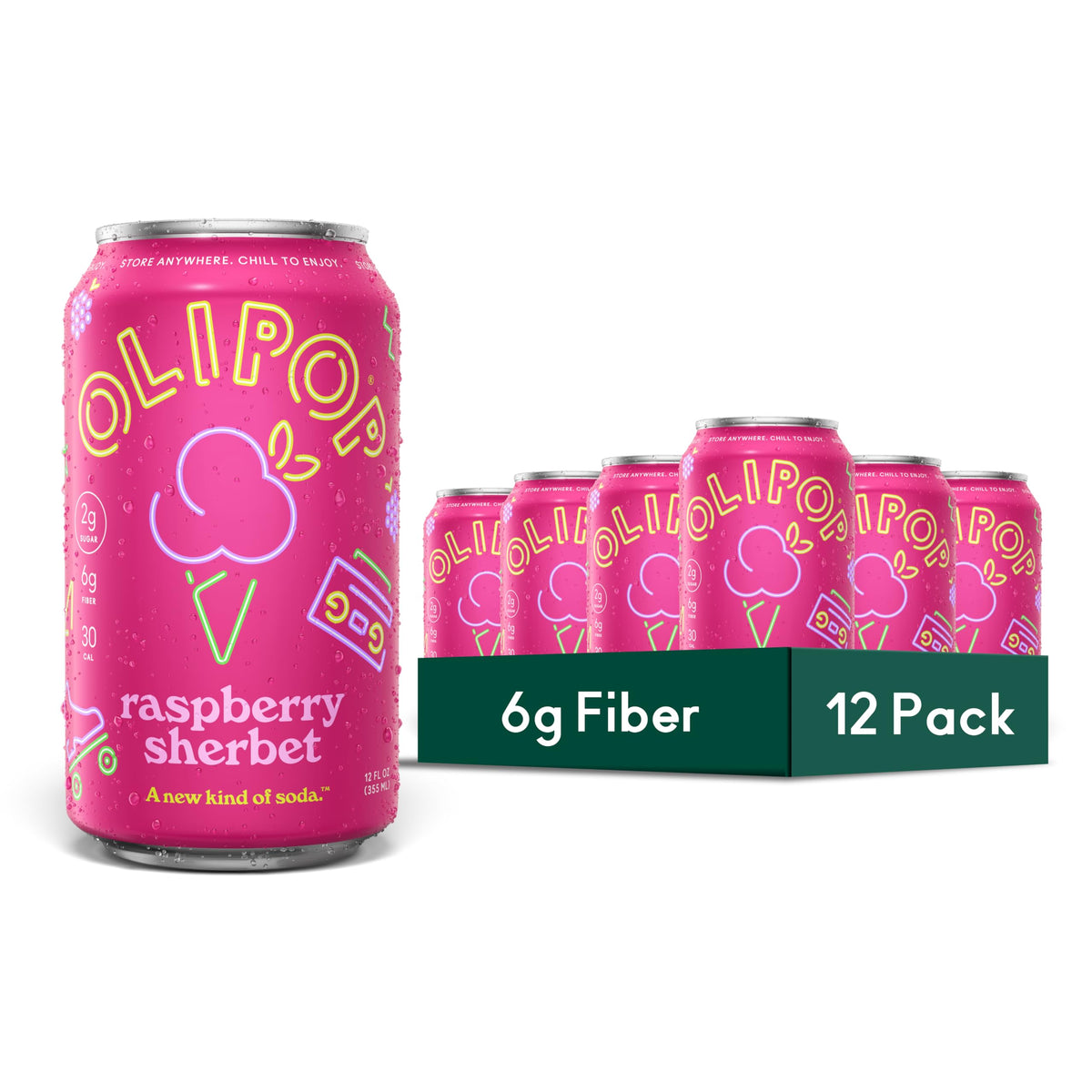 OLIPOP front can showing Raspberry Sherbet flavor and bright label benefits