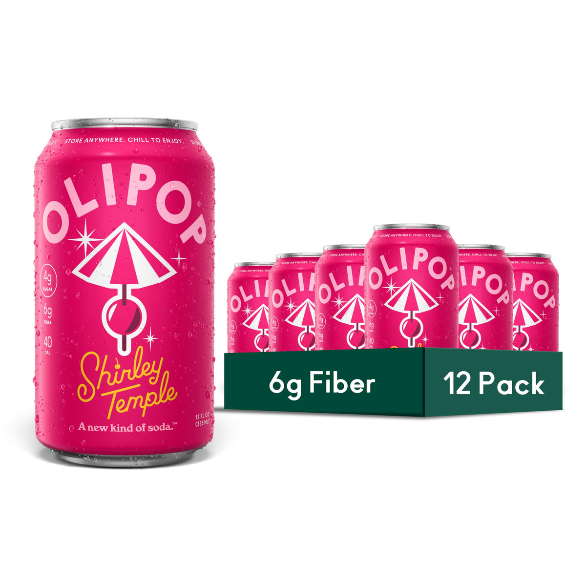 OLIPOP front packaging showing 12-pack and nostalgic design, highlights convenience