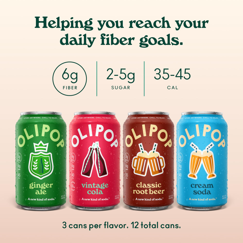 OLIPOP 12 fl oz can next to a drinking glass and ice, demonstrates serving size and portion