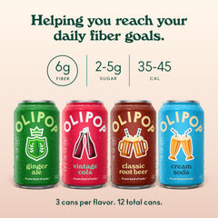 OLIPOP 12 fl oz can next to a drinking glass and ice, demonstrates serving size and portion