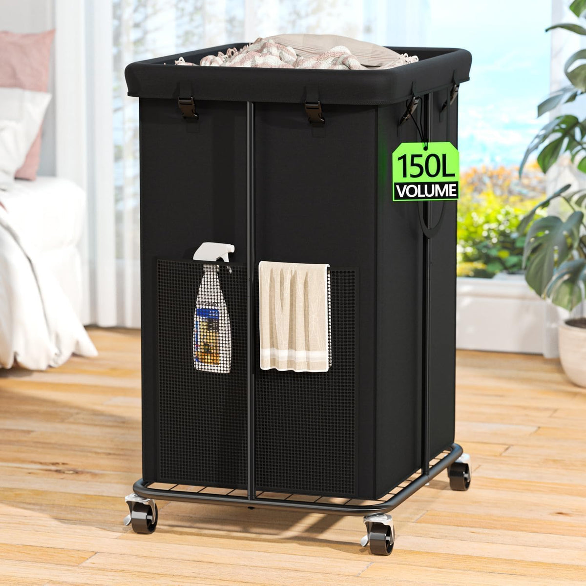 Olldide front view of full hamper showing large capacity and tidy storage