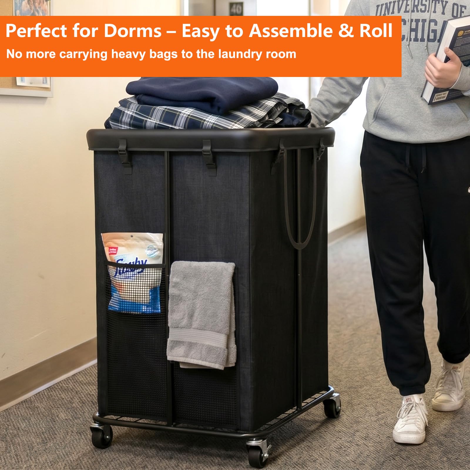 Olldide rolling hamper being pushed down hallway to reduce lifting strain