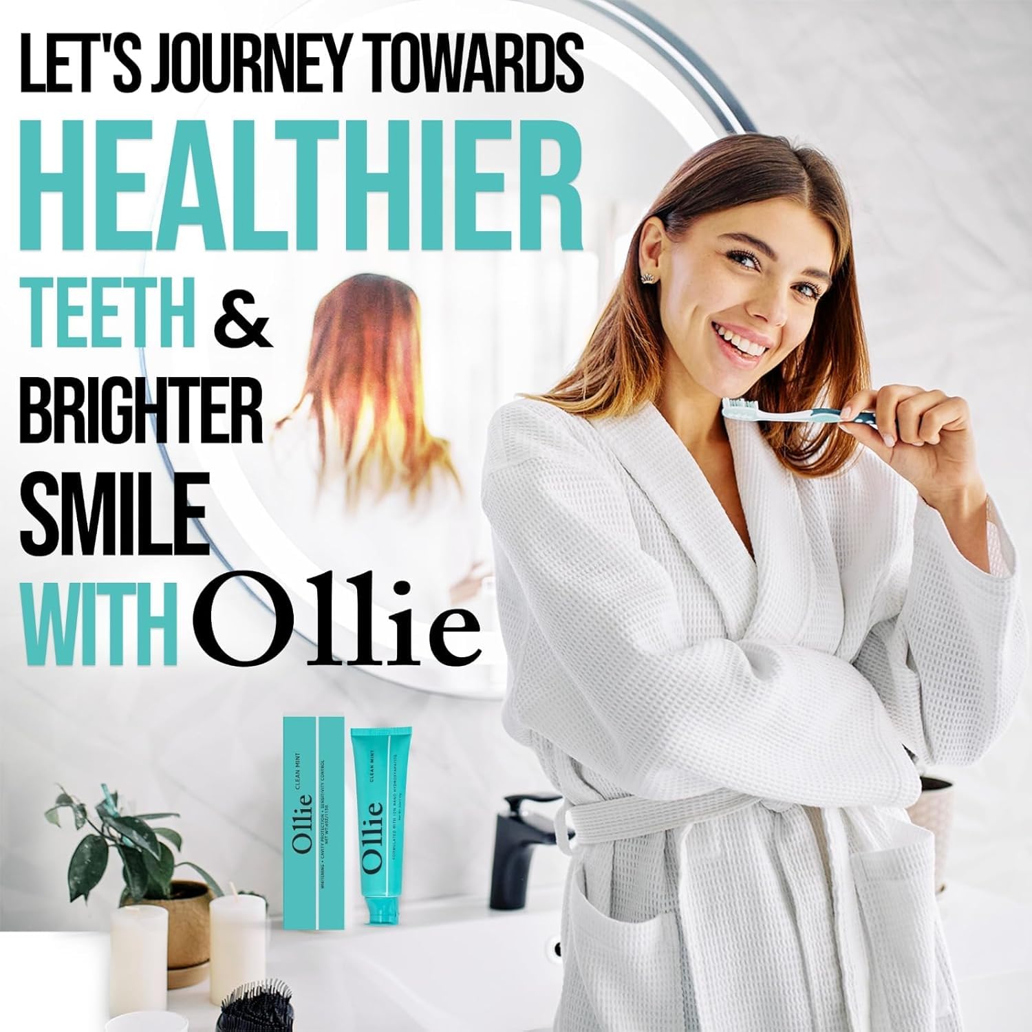 Ollie lifestyle bathroom shelf display showing natural clean mint appeal