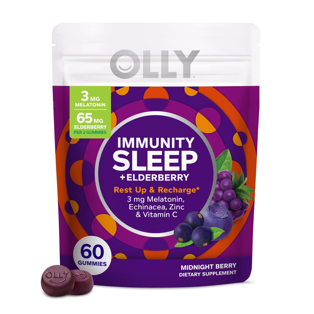 OLLY bottle front view showing Midnight Berry gummies and benefits