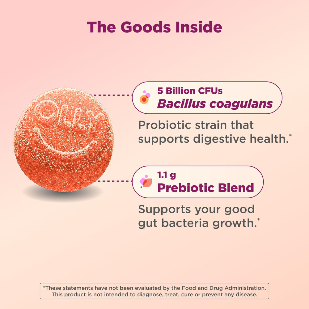 OLLY supplement facts panel showing Bacillus coagulans and FOS ingredients