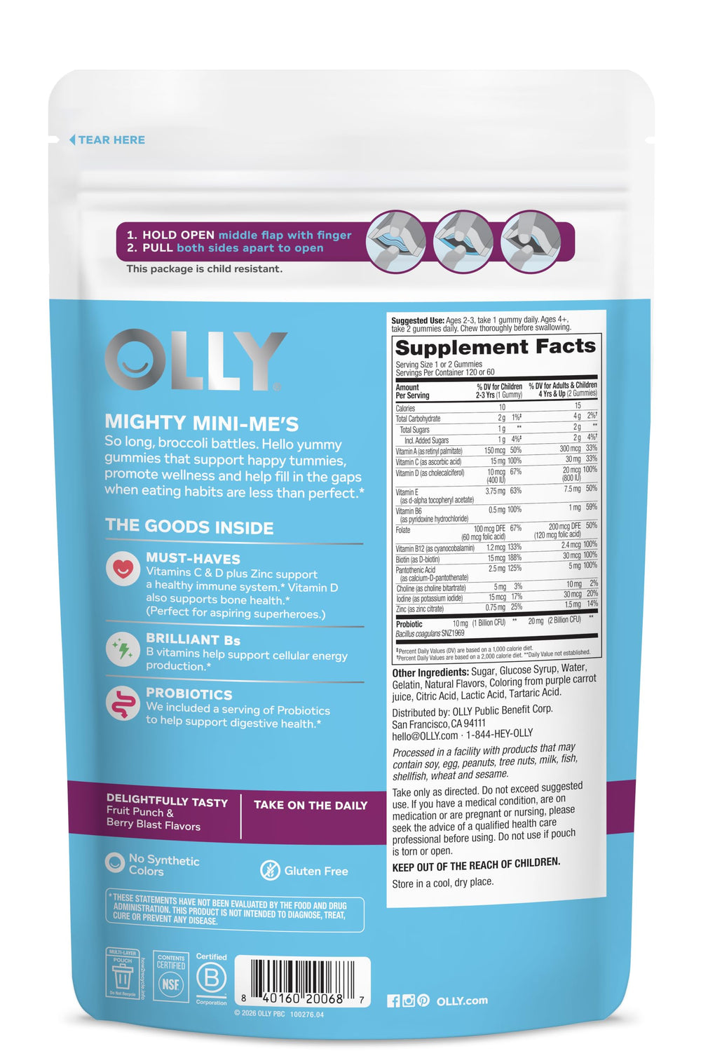 OLLY gummy next to hand showing size and child-friendly scale