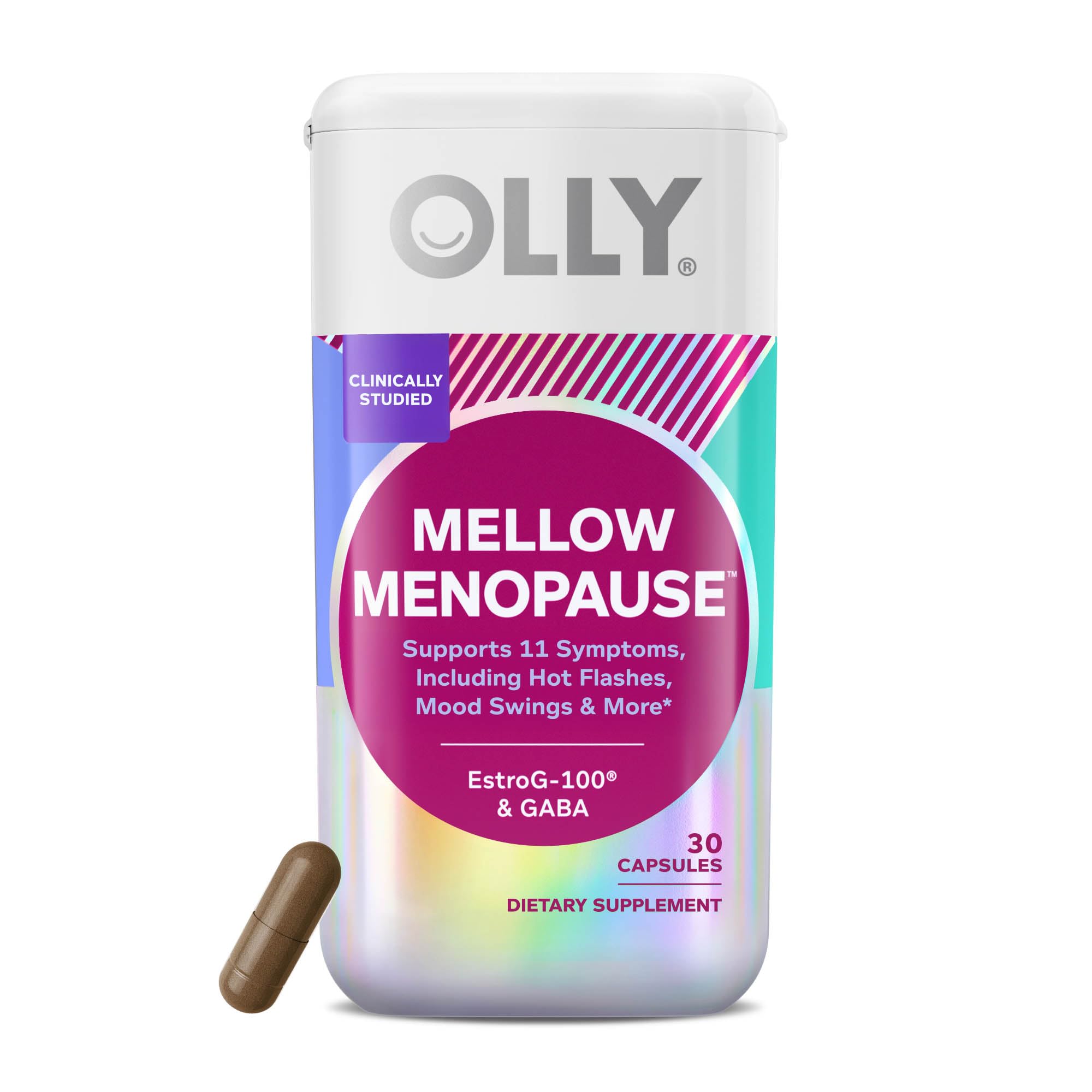 OLLY front packaging showing bottle and product benefit for menopause support