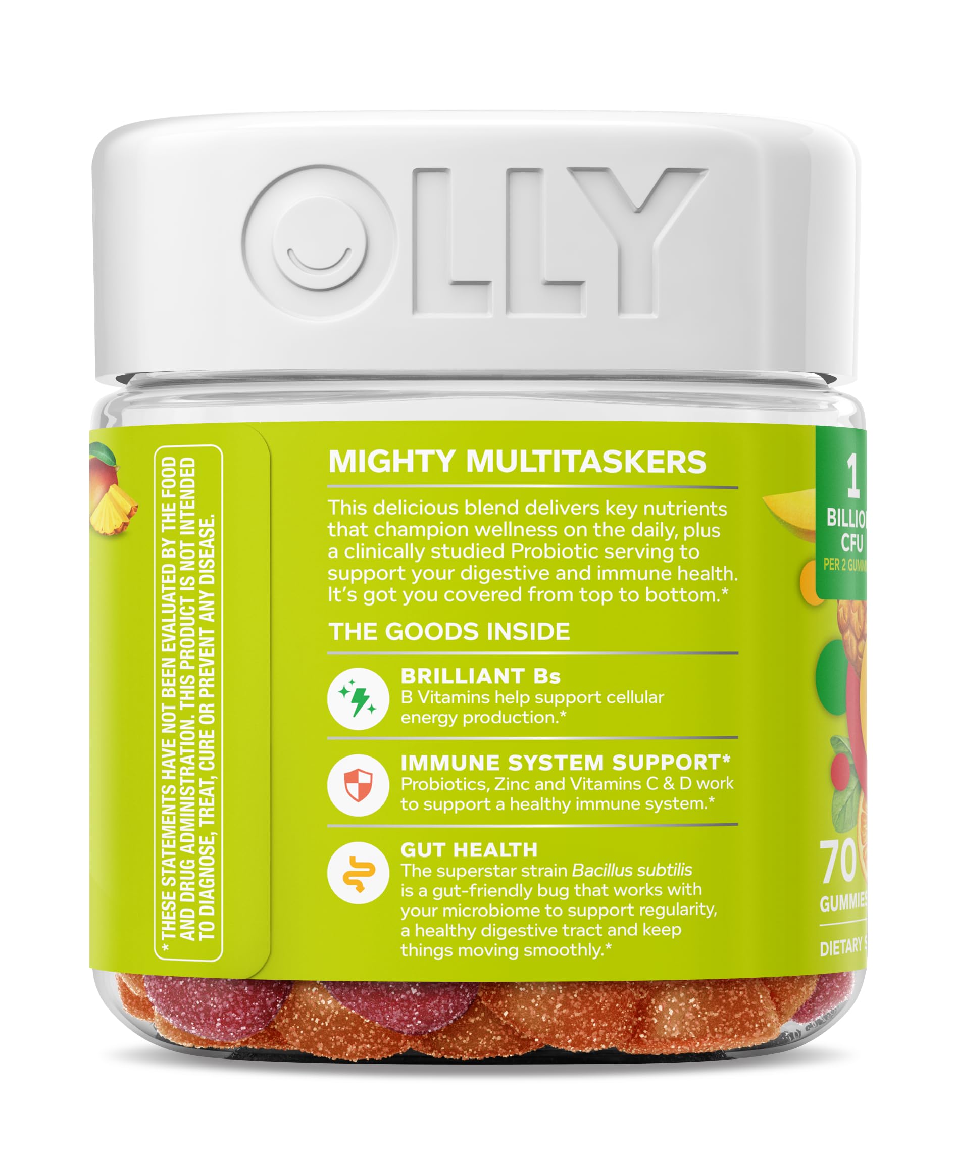 OLLY bottle placed on bathroom shelf, supports consistent morning supplement ritual