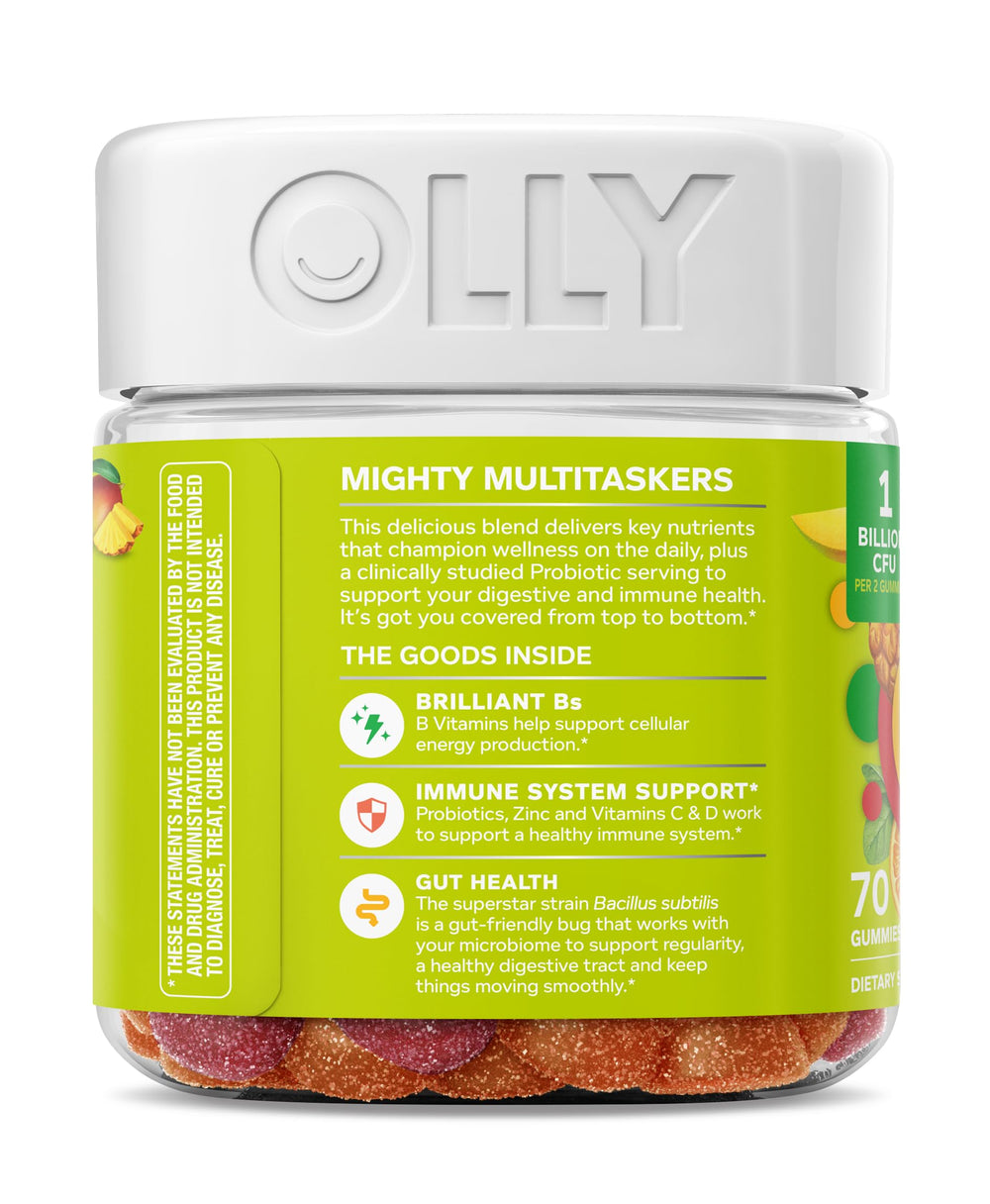 OLLY bottle placed on bathroom shelf, supports consistent morning supplement ritual