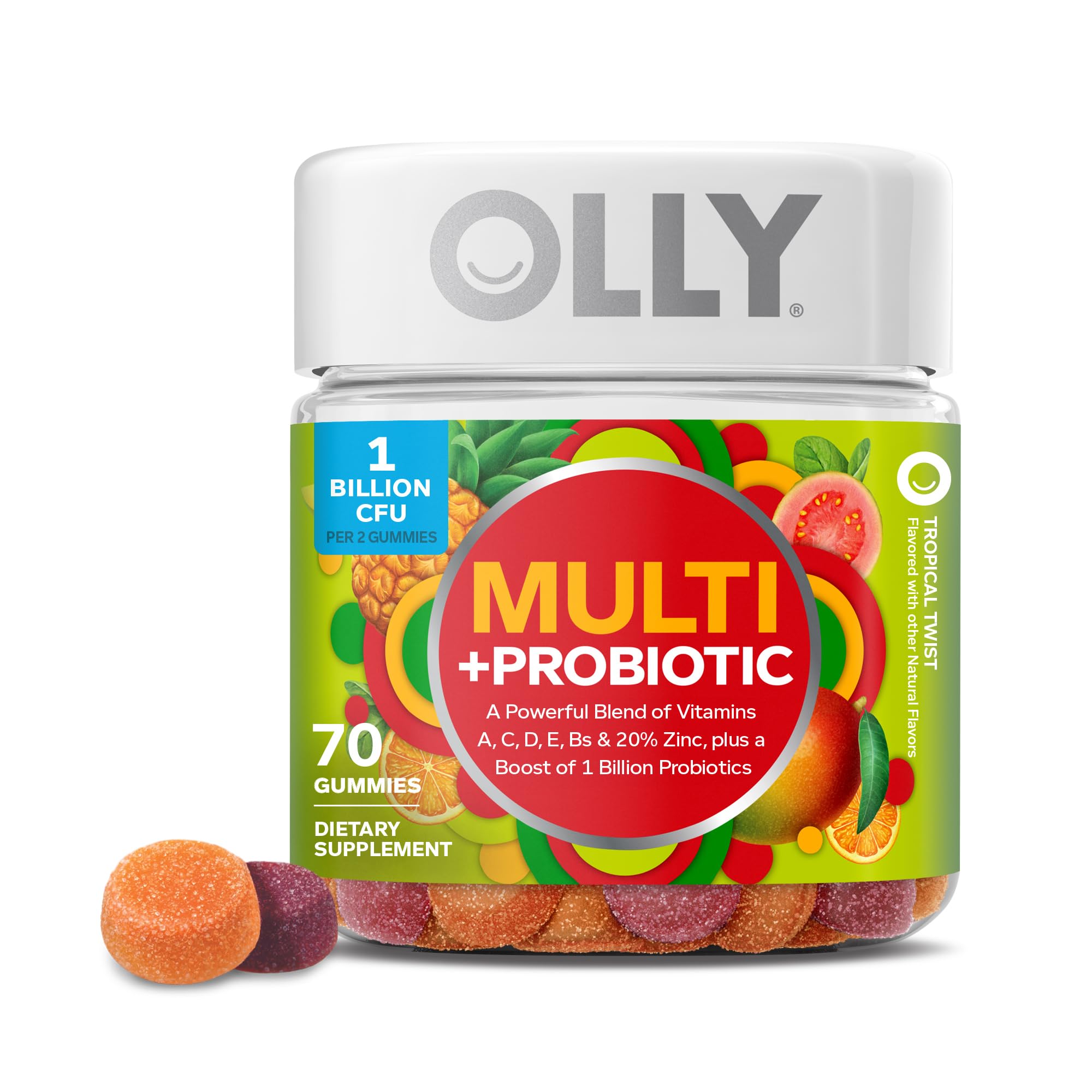 OLLY bottle front packaging showing label and tropical design, helps easy daily nutrition