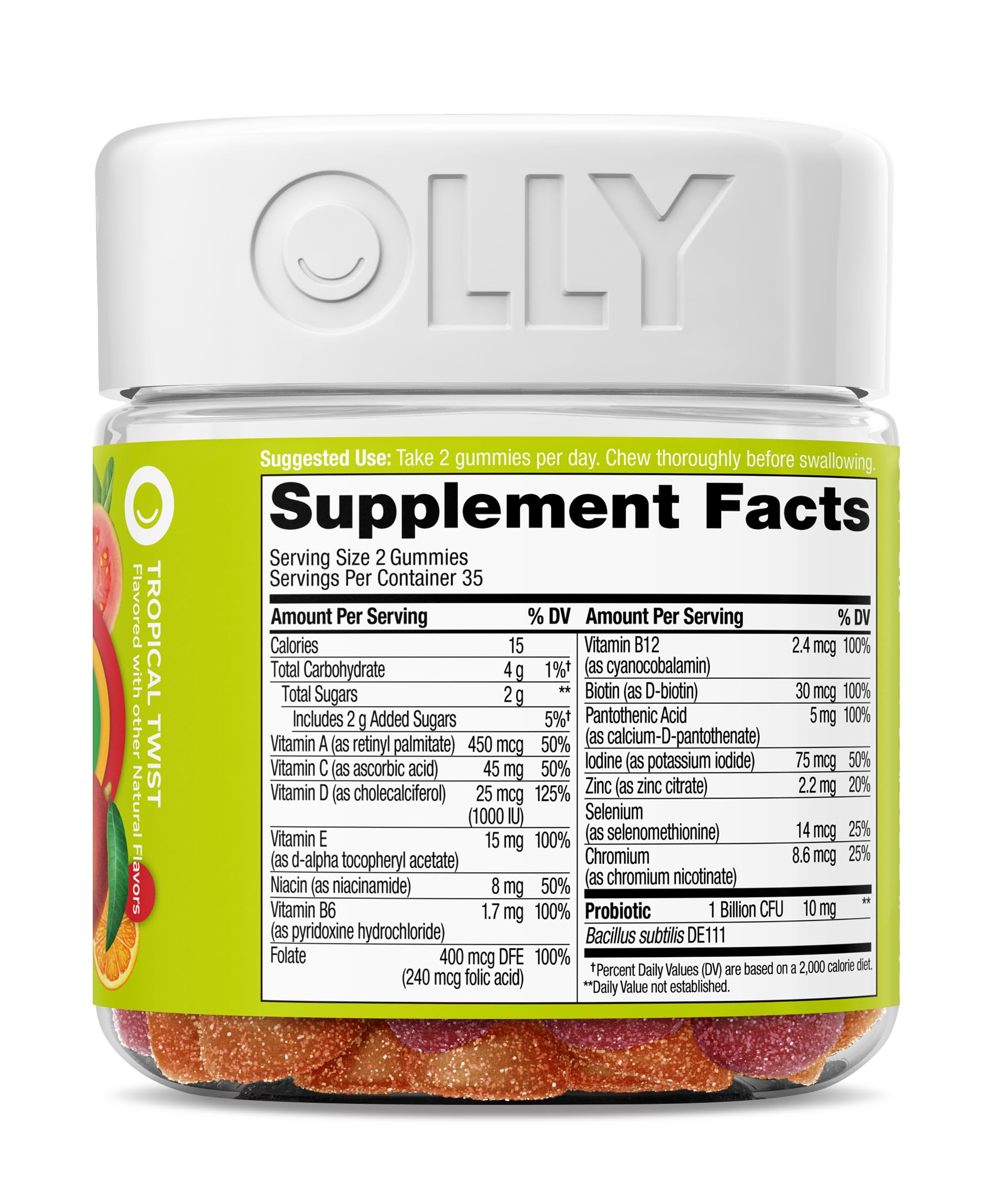 Hand holding gummies to show scale, OLLY makes daily dosing simple and portable