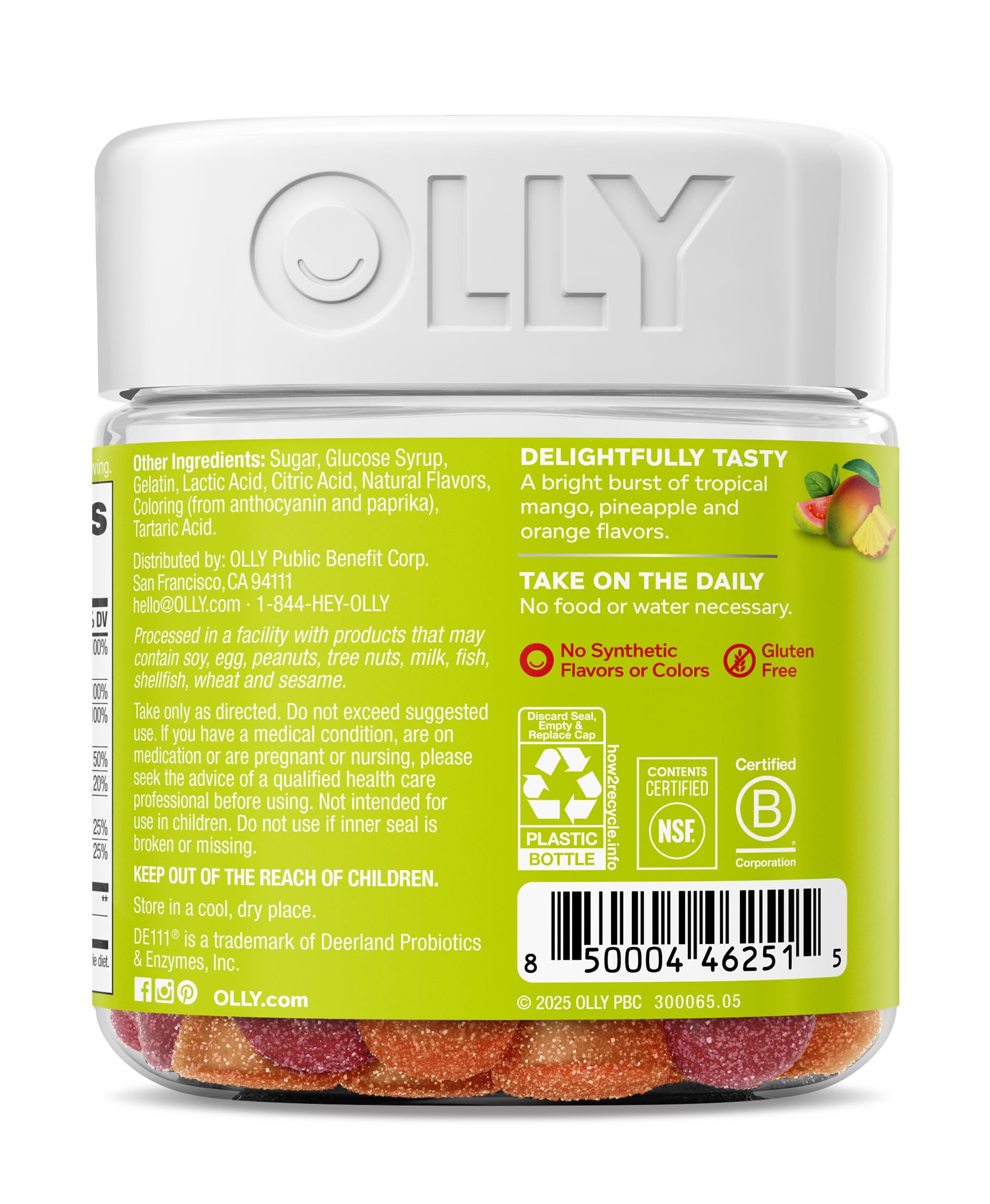 Gummies beside mango and pineapple, OLLY tropical flavor enhances enjoyable intake