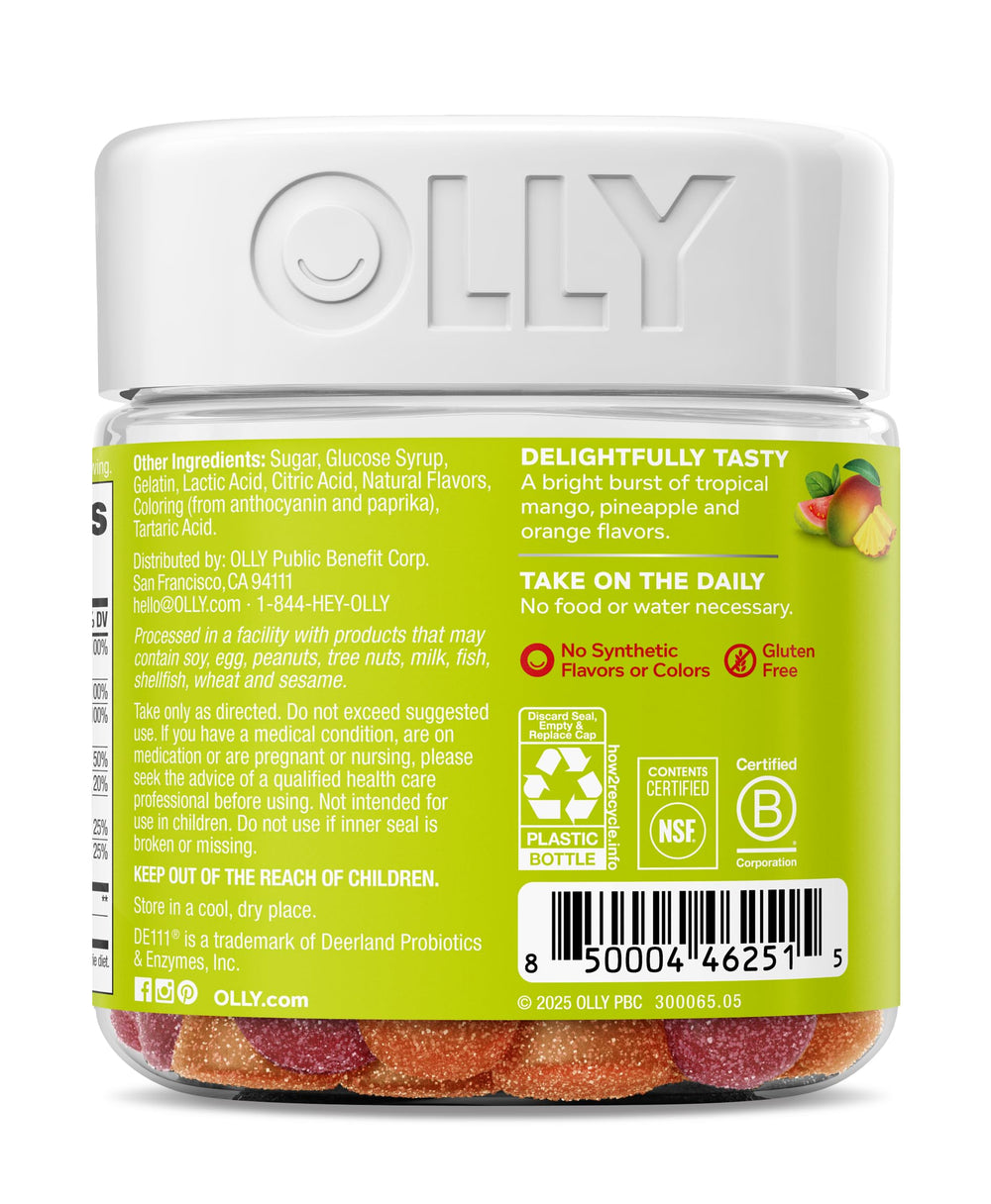 Gummies beside mango and pineapple, OLLY tropical flavor enhances enjoyable intake