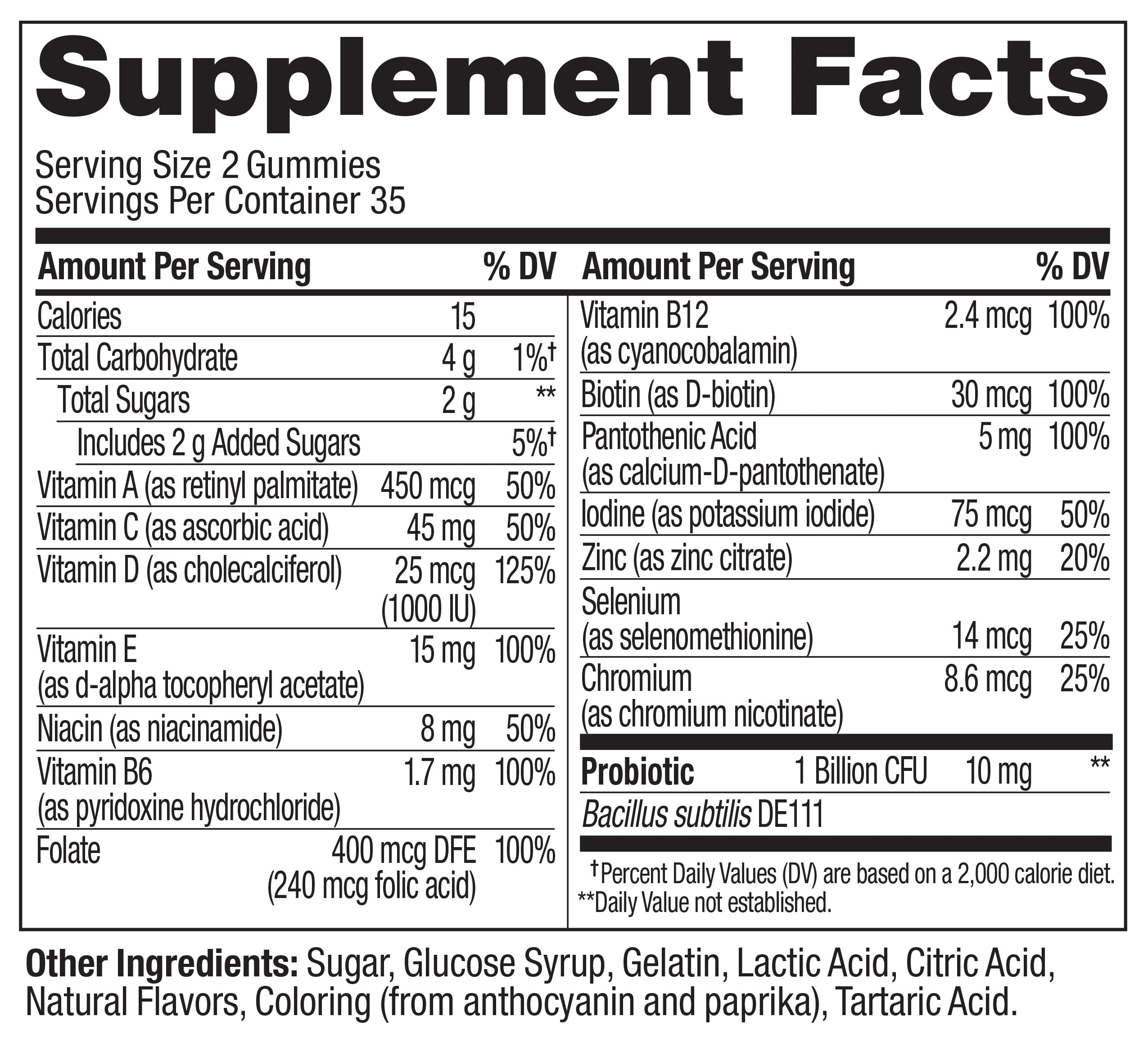 Ingredient list detail on OLLY label, helps consumers confirm gluten-free formulation