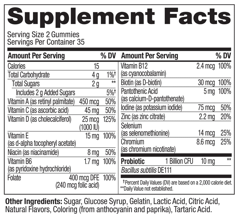 Ingredient list detail on OLLY label, helps consumers confirm gluten-free formulation