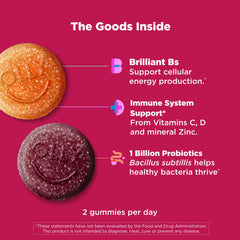OLLY open bottle with bright gummies visible, offers convenient probiotic and vitamin support