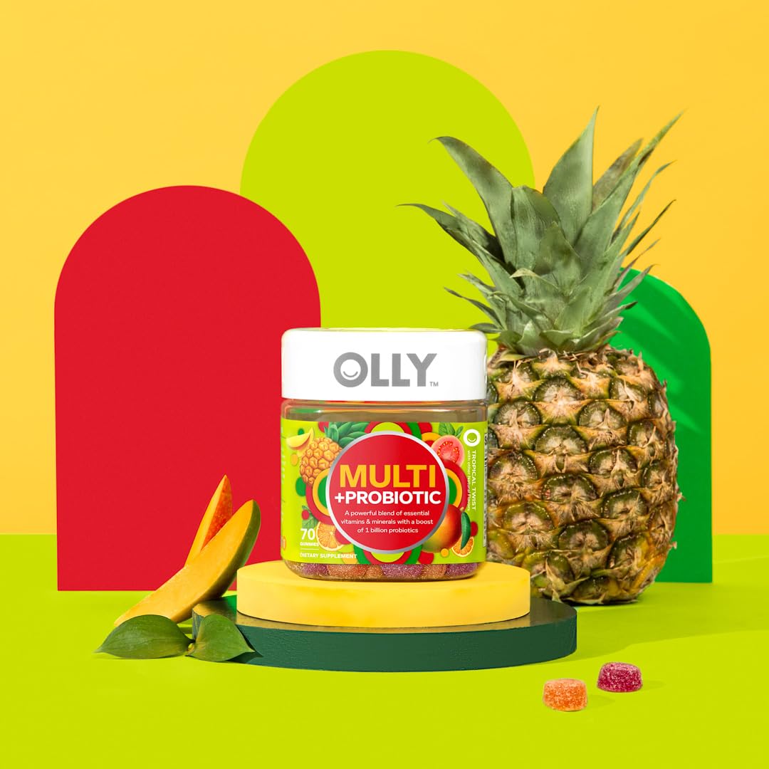 Two gummies on a spoon representing serving size, OLLY provides 1 billion CFU probiotic