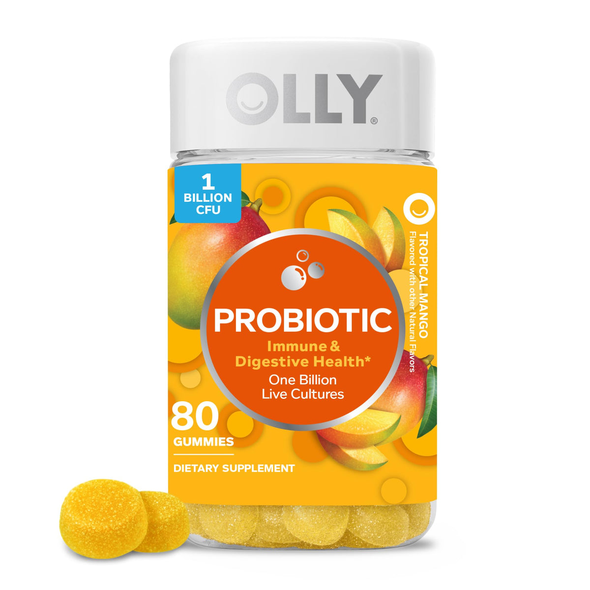 OLLY front bottle view showing probiotic mango gummies and clear labeling benefit