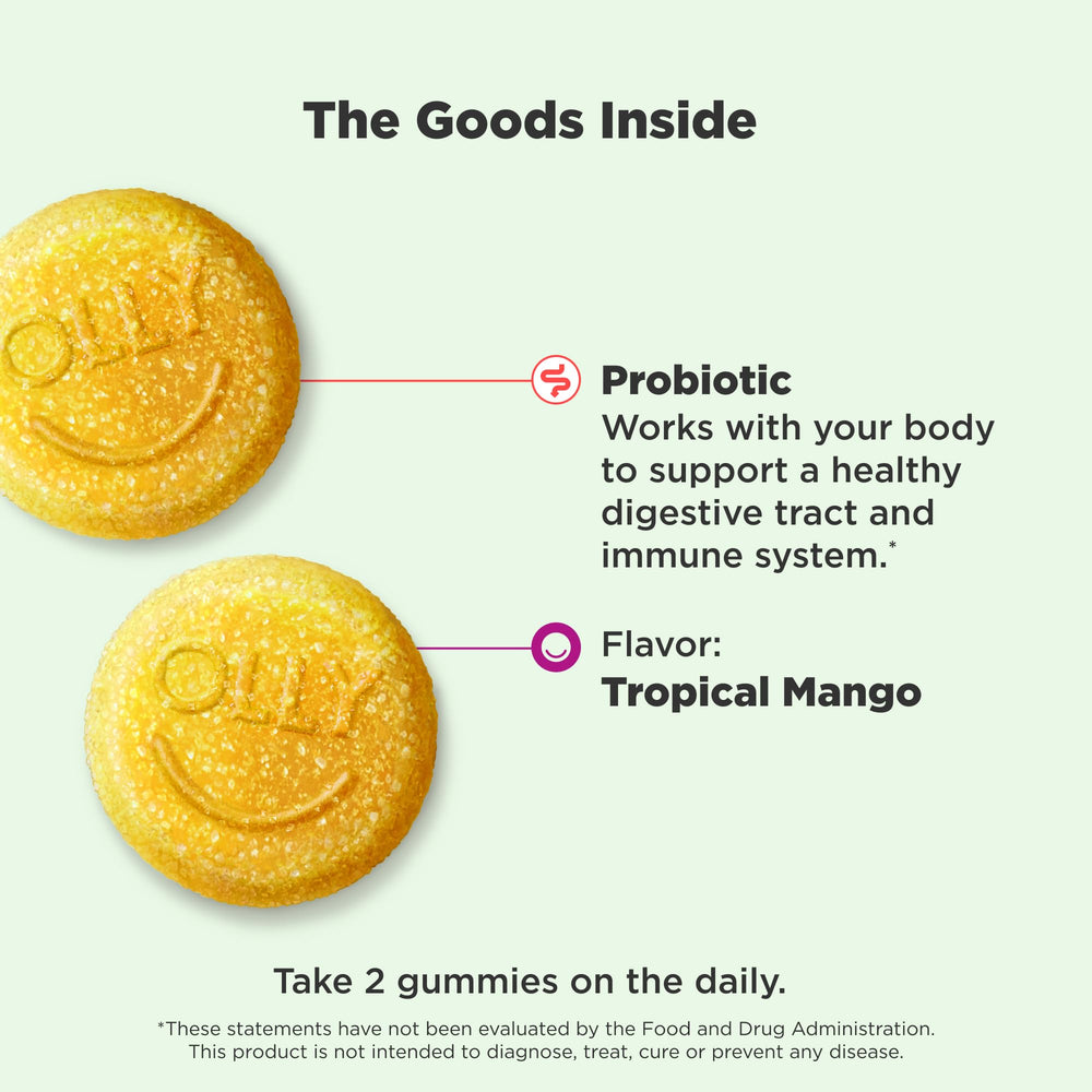 OLLY open bottle with mango gummies visible, easy daily dosage benefit
