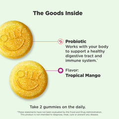 OLLY open bottle with mango gummies visible, easy daily dosage benefit