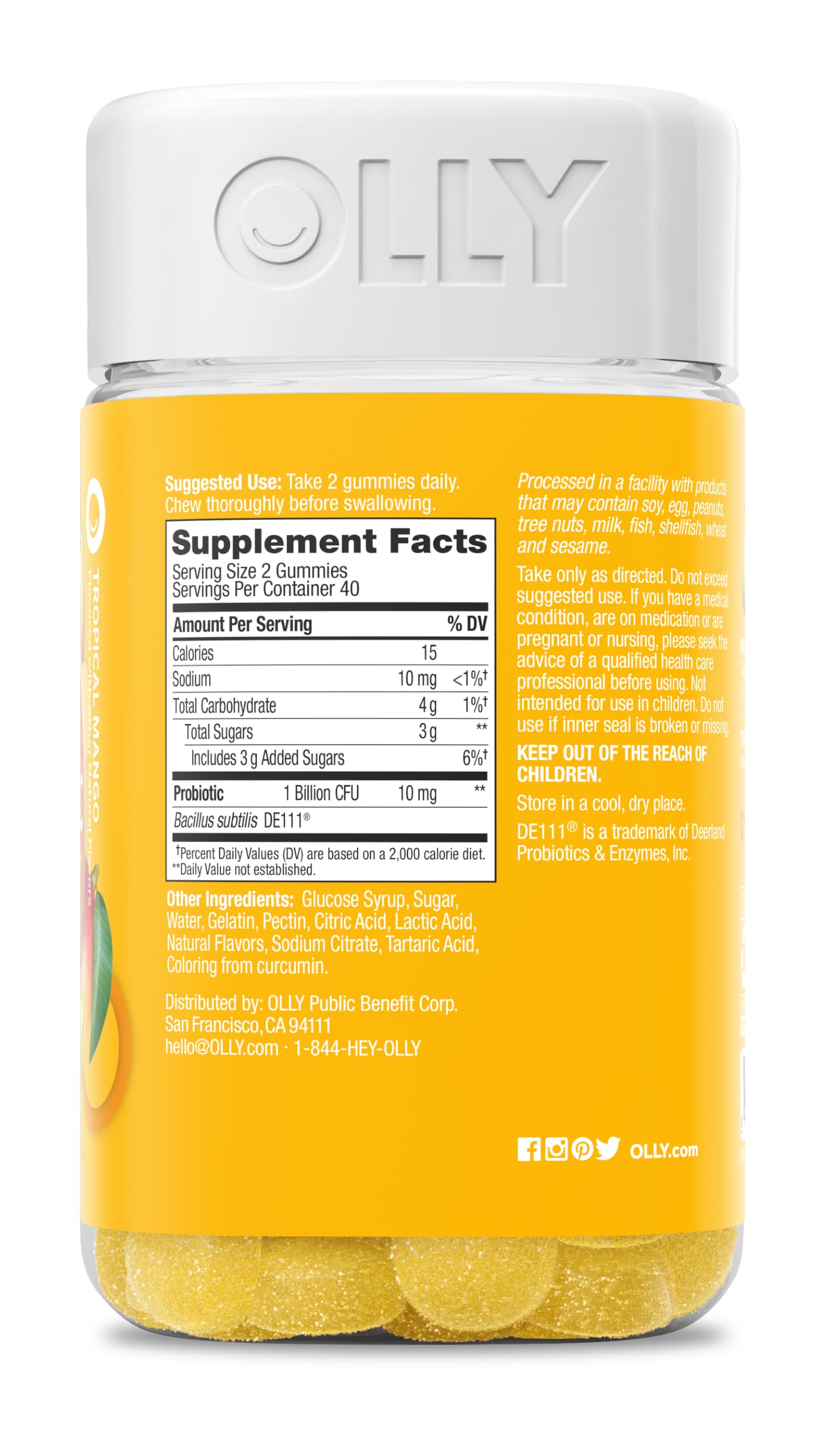 OLLY ingredient facts panel emphasizing Bacillus subtilis and live cultures benefit