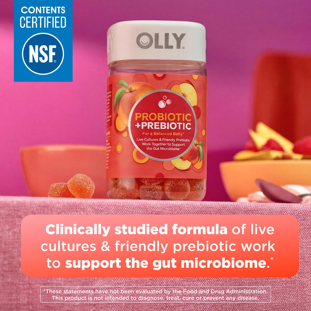 OLLY bottle side view highlighting count and peachy peach flavor benefits