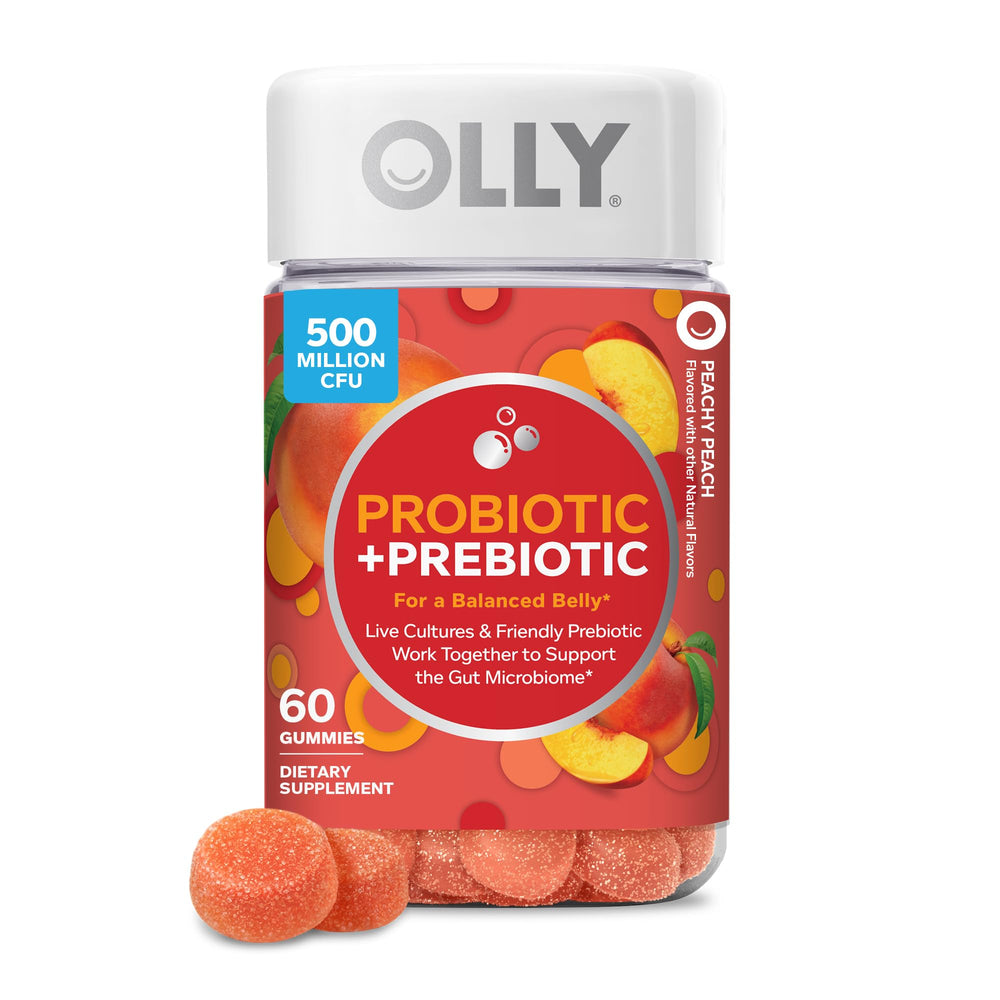 OLLY front label showing probiotic plus prebiotic benefits and peach flavor