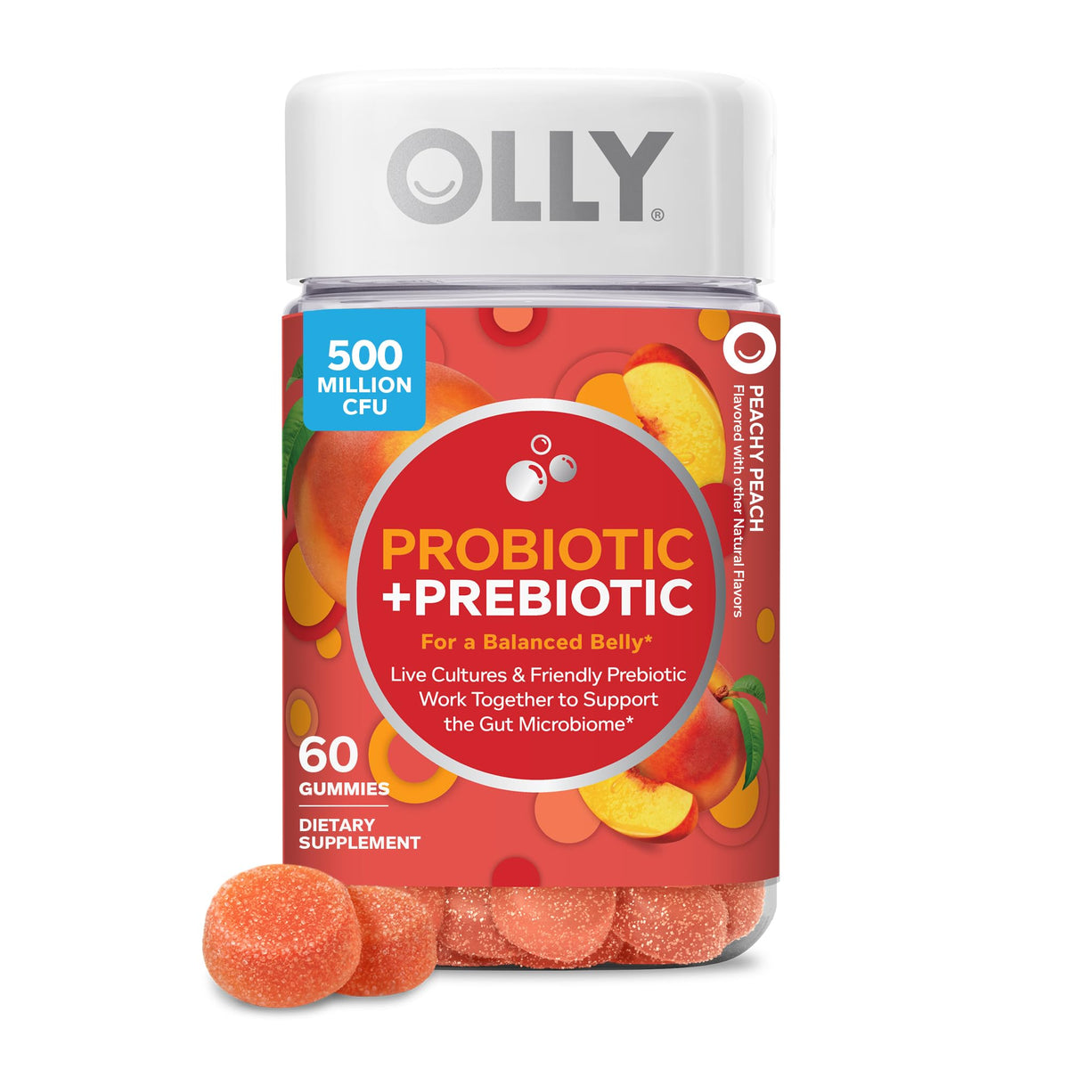OLLY front label showing probiotic plus prebiotic benefits and peach flavor