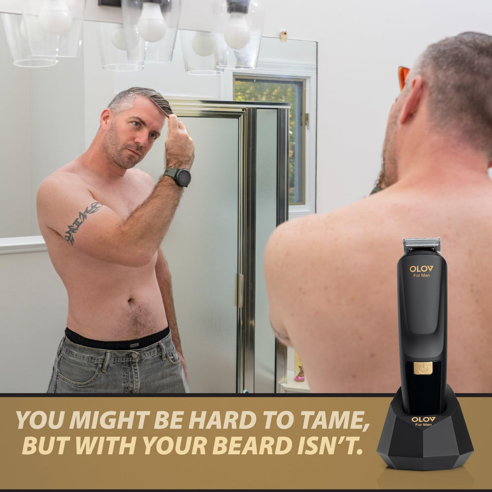 OLOV For Man on bathroom vanity showing organized grooming routine advantage