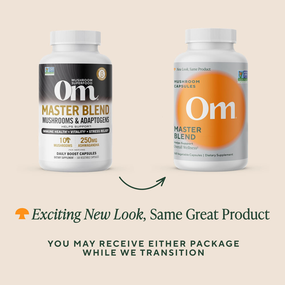 OM MUSHROOM SUPERFOOD spread of ten mushrooms and oats showing whole‑spectrum sourcing