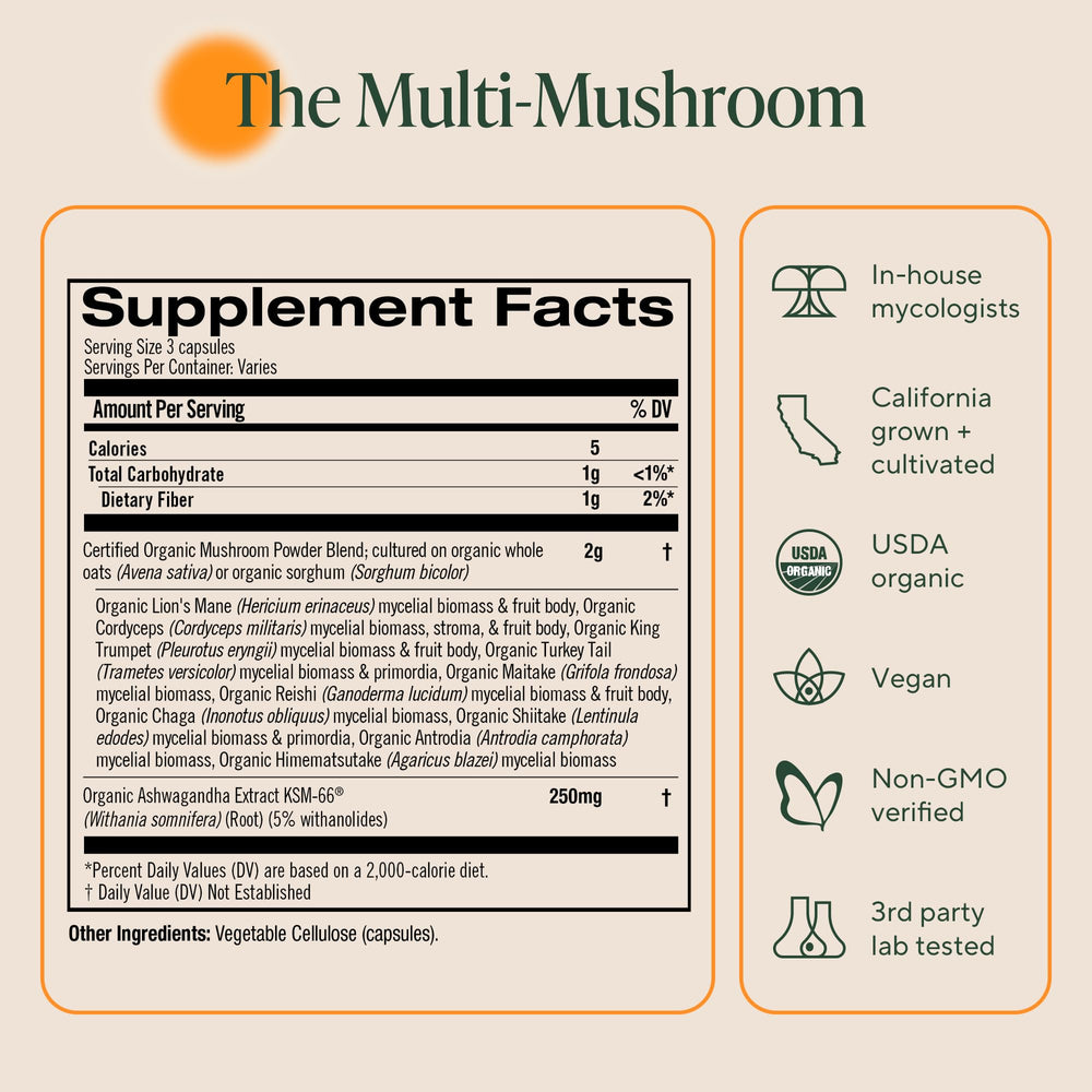OM MUSHROOM SUPERFOOD bottle on a breakfast table conveying easy daily use