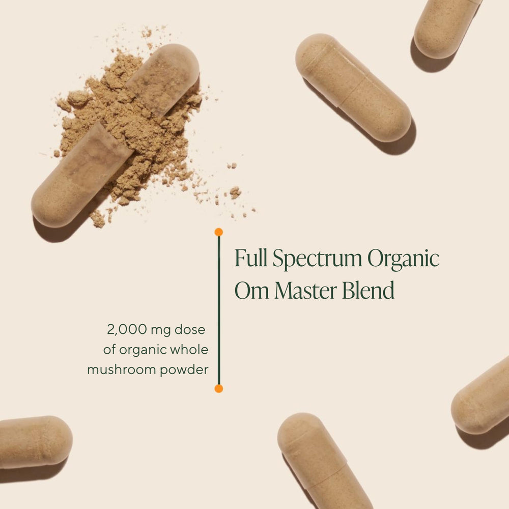 OM MUSHROOM SUPERFOOD label detail showing organic certification and ingredients