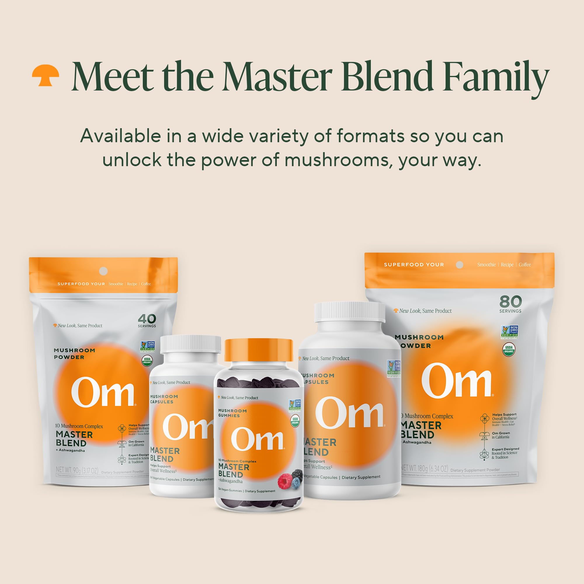 OM MUSHROOM SUPERFOOD capsule in hand next to coin showing size and portability