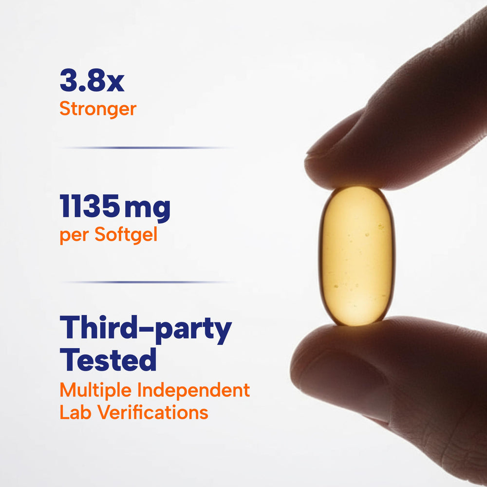 OmegaVia close‑up of glossy softgel texture highlighting enteric coating benefit