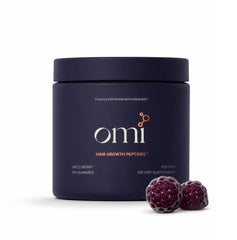 OMI WELLBEAUTY front packaging showing wild berry flavor and benefit of daily hair support
