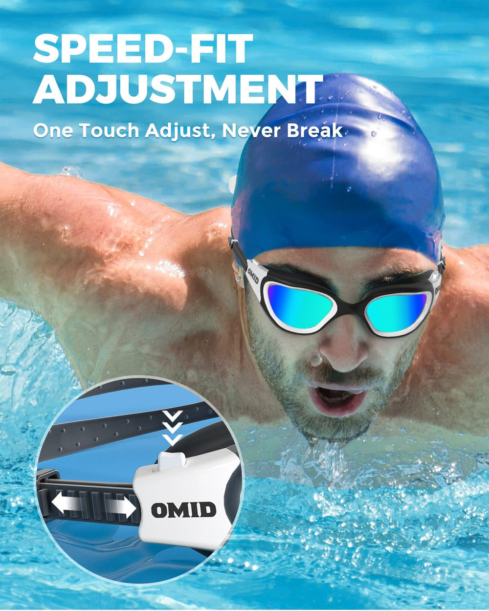 OMID goggles worn by open-water swimmer improving visibility on waves