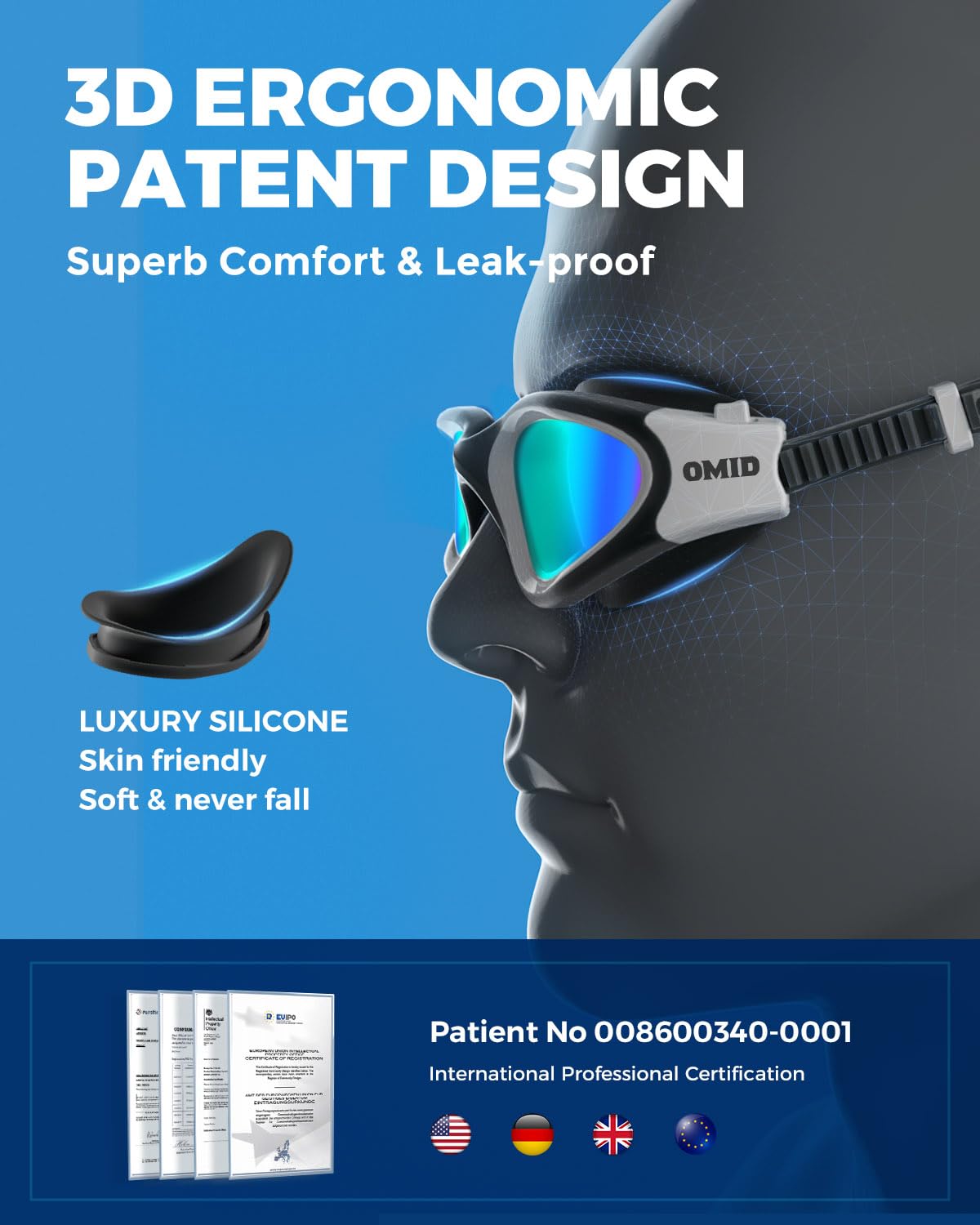 OMID side profile highlighting 3D frame for leak-resistant comfort