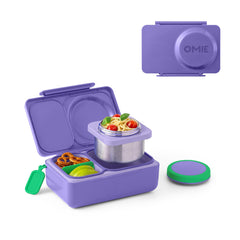 Omie OmieBox UP front view in Galaxy Purple showing compact bento design and latch benefit