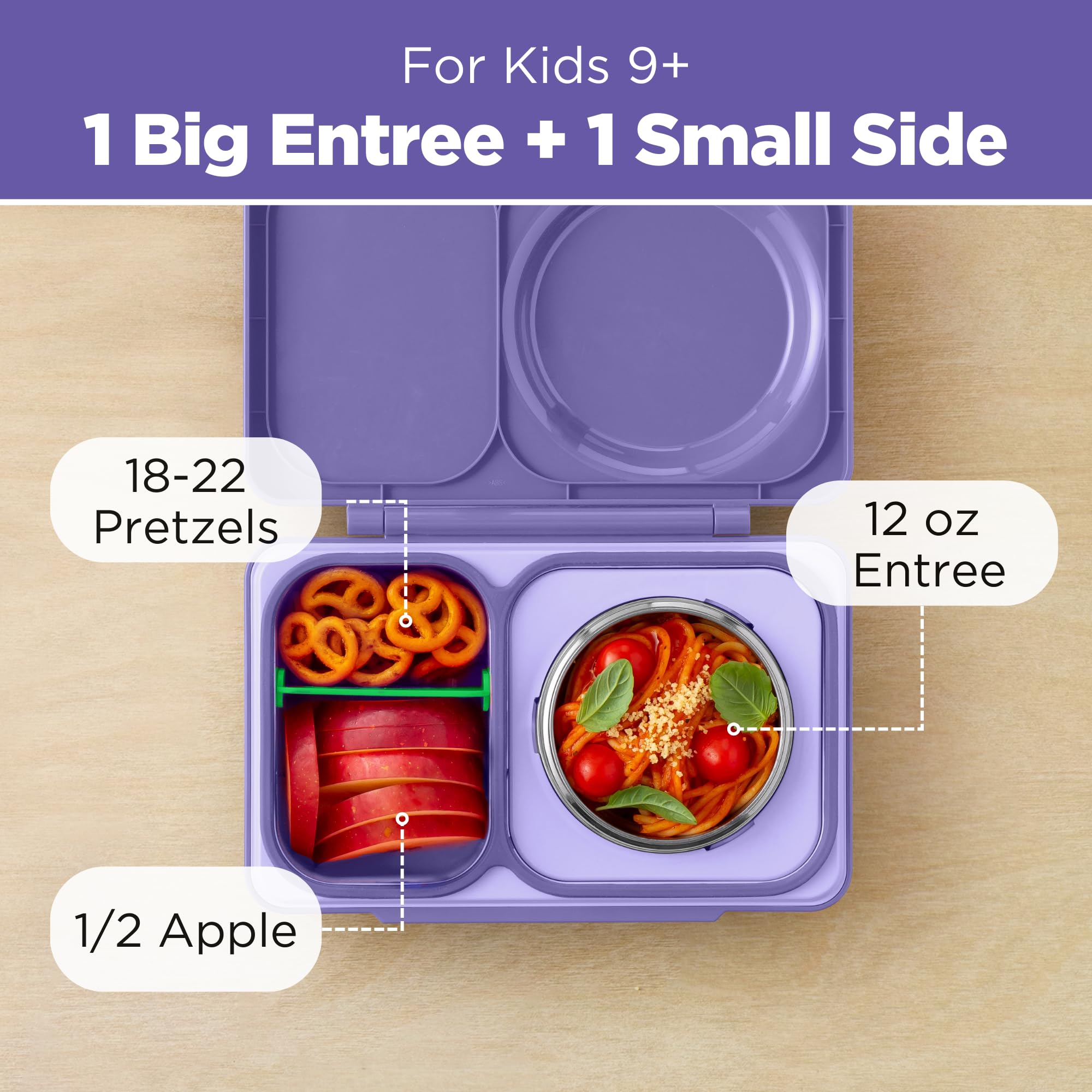 Omie OmieBox UP with removable ice pack out, showing chilled-sides capability for mixed meals