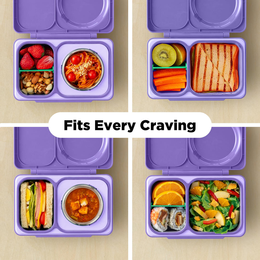 Omie OmieBox UP in a school lunch scenario with child placing box in backpack for daily use