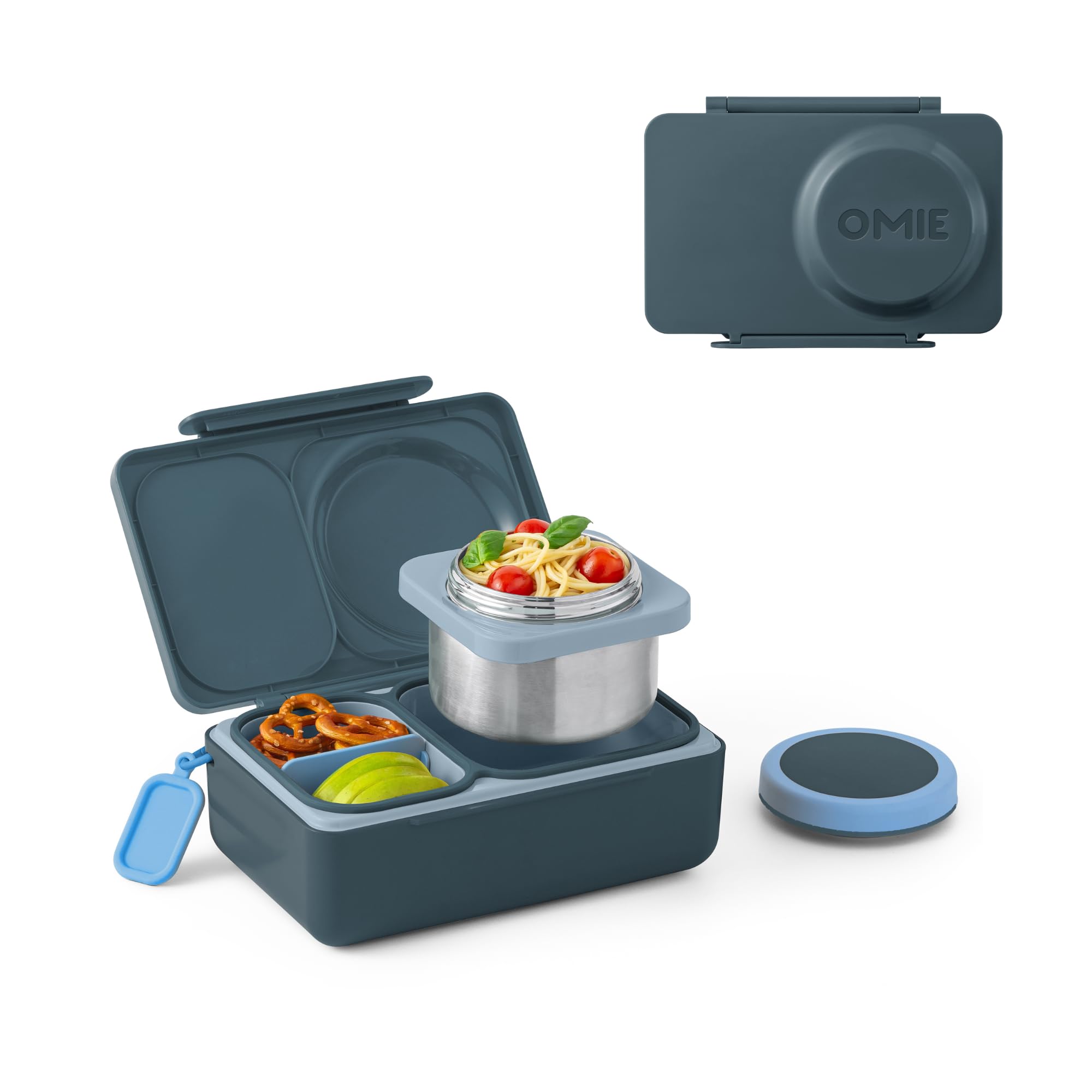 Omie OmieBox UP front view showing latch and graphite finish for easy carrying