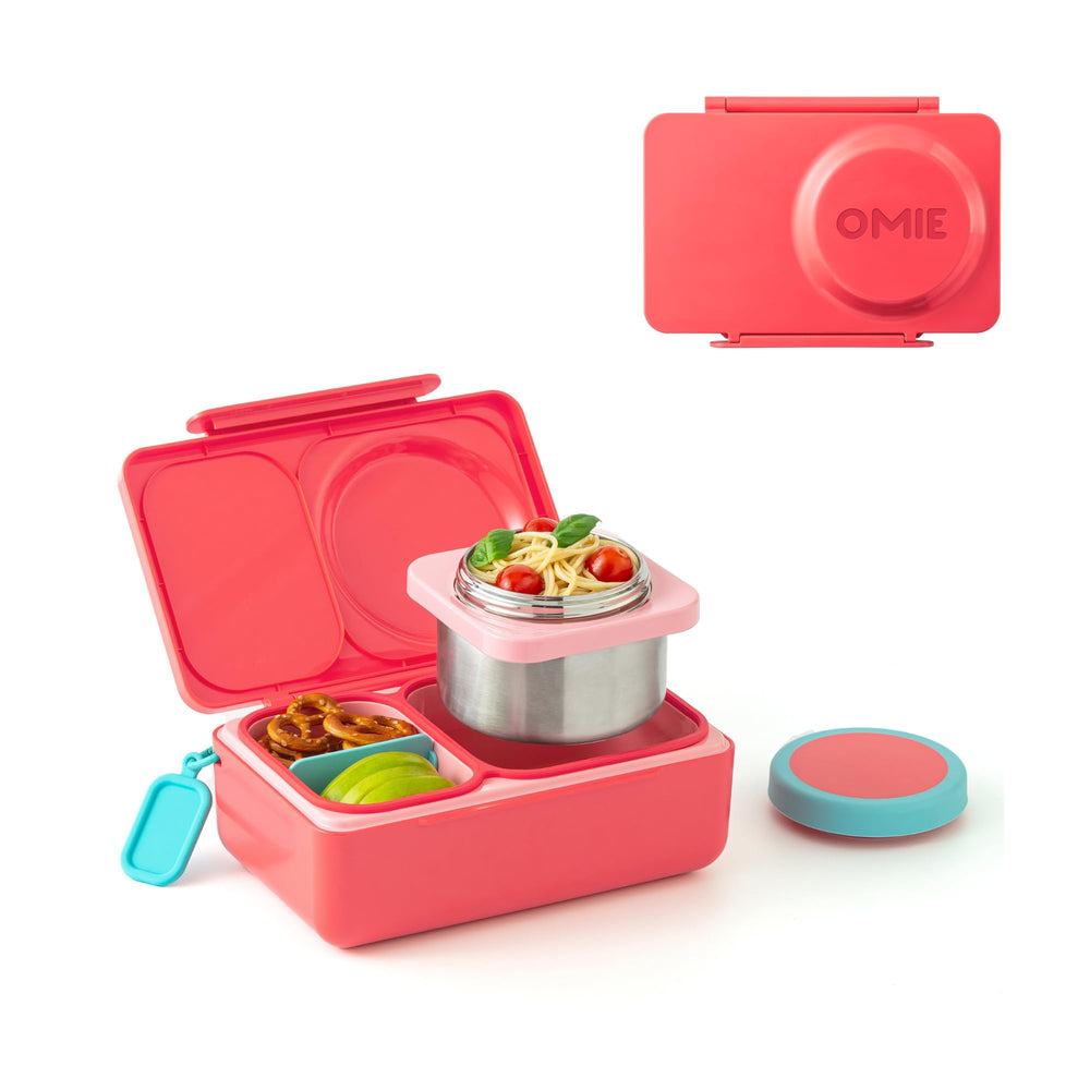 Omie OmieBox UP front view showing cherry pink finish and compact profile benefits portability