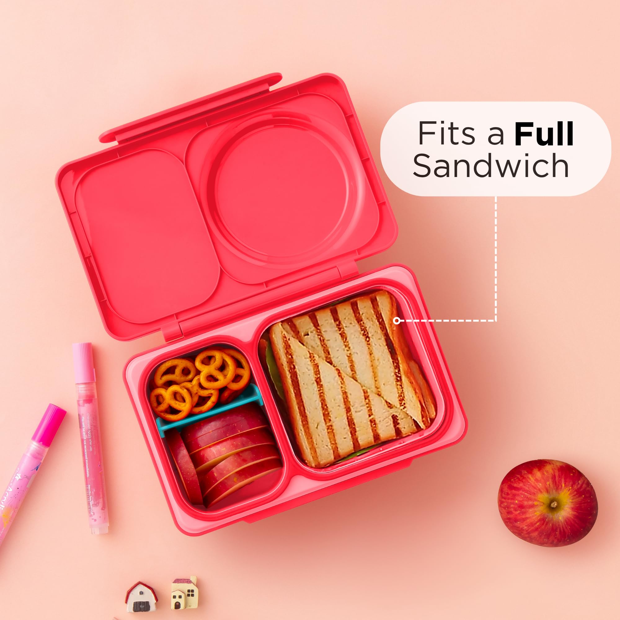 Omie OmieBox UP in use at school table showing parent-packed balanced lunch convenience